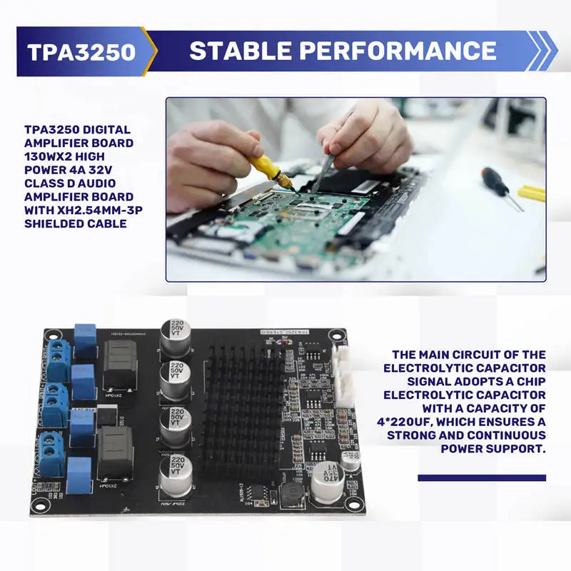TPA3250 مضخم رقمي مجلس 130Wx2 عالية الطاقة 4A 32 فولت فئة D مضخم الصوت مجلس مع كابل محمي XH2.54mm-3P-PZW