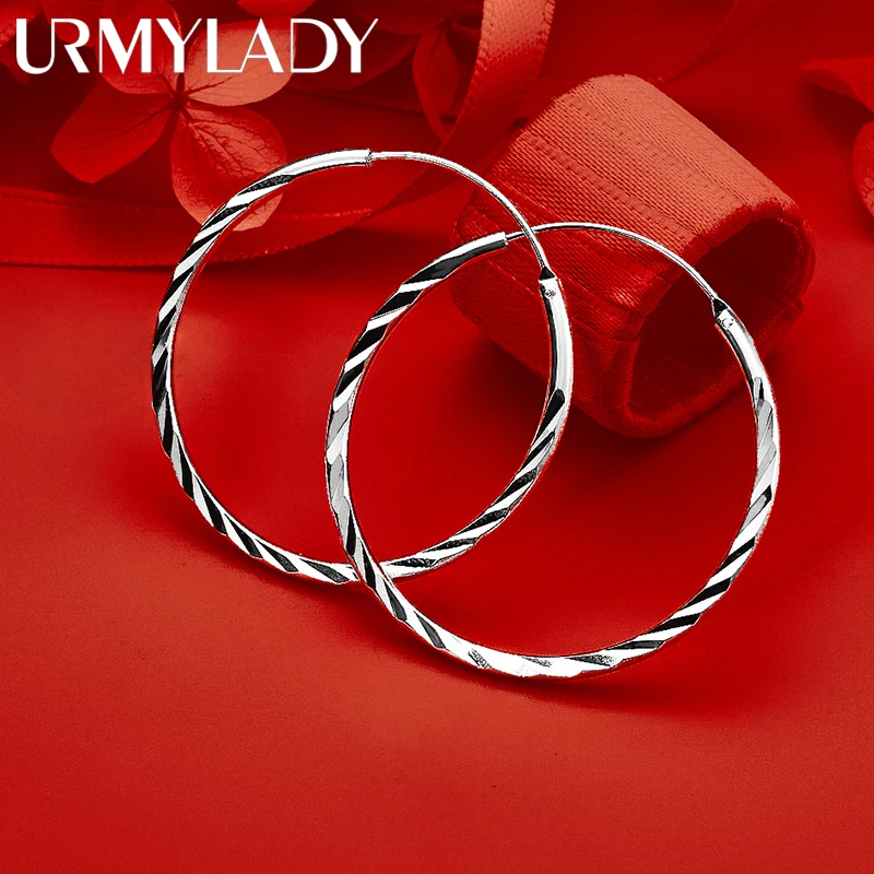 

URMYLADY 925 Sterling Silver 35-50mm Ripple Earrings for Women's Hoop Wedding Engagement Party Fshion Charm Jewelry