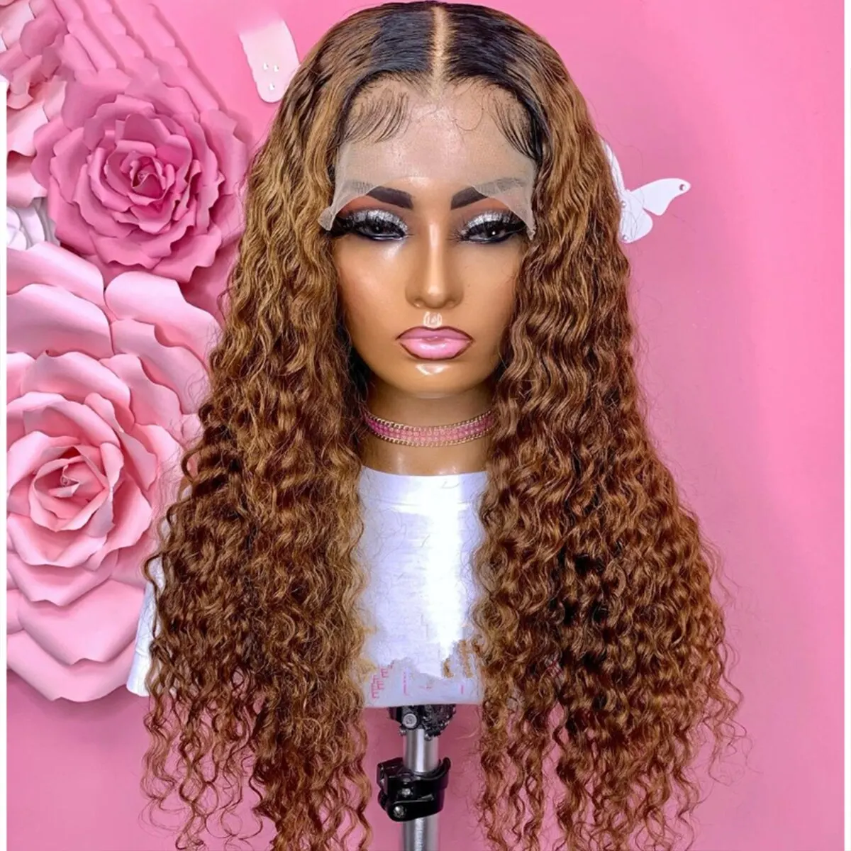 Kinky Curly Sintético Lace Front Wig, Natural Ombre, Cosplay de Alta Temperatura, Glueless Diário, Macio, 26 Longo, 180 Densidade, 1B Brown, 26