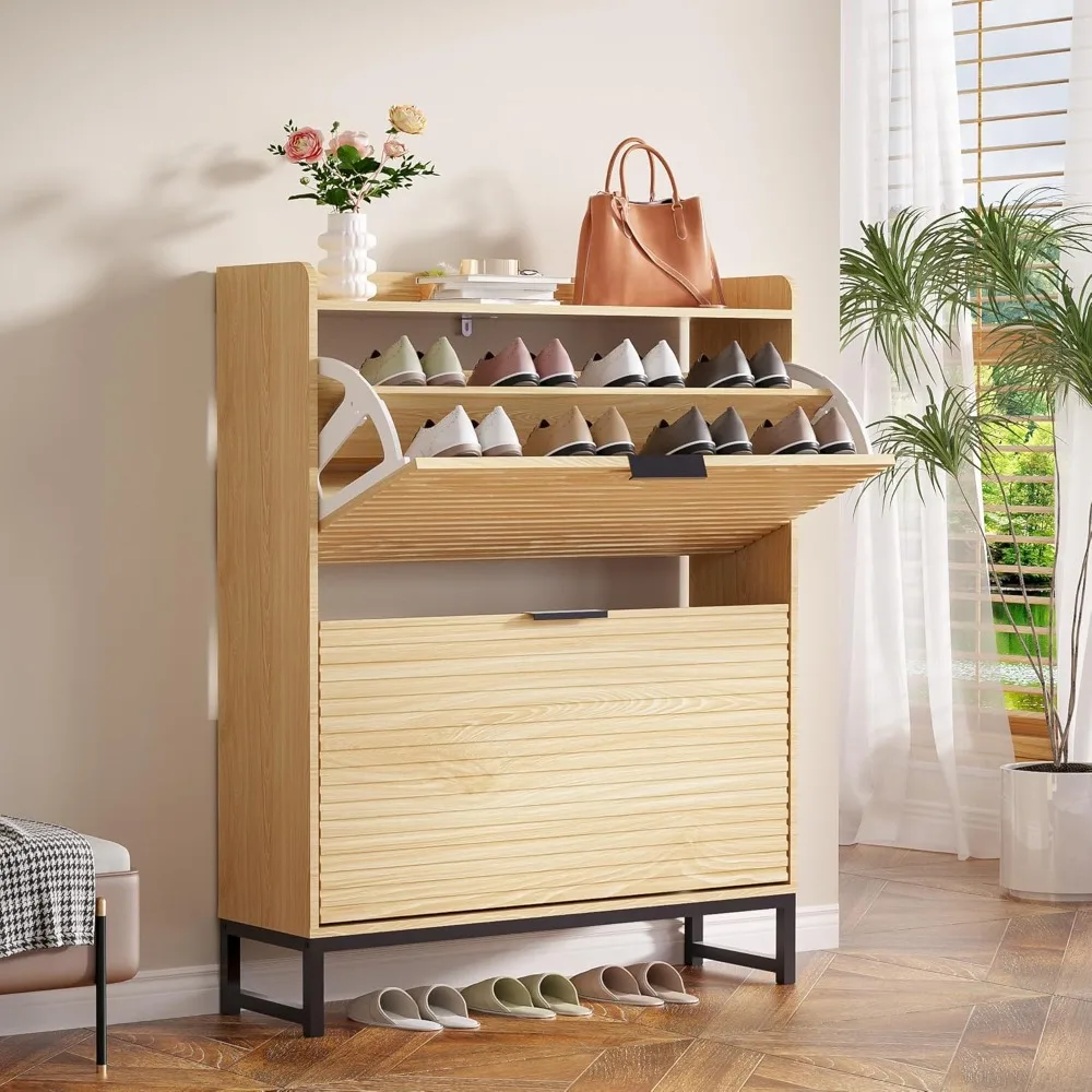 خزانة أحذية خشبية ضيقة قائمة بذاتها مع درجين رفرف للتخزين المخفي