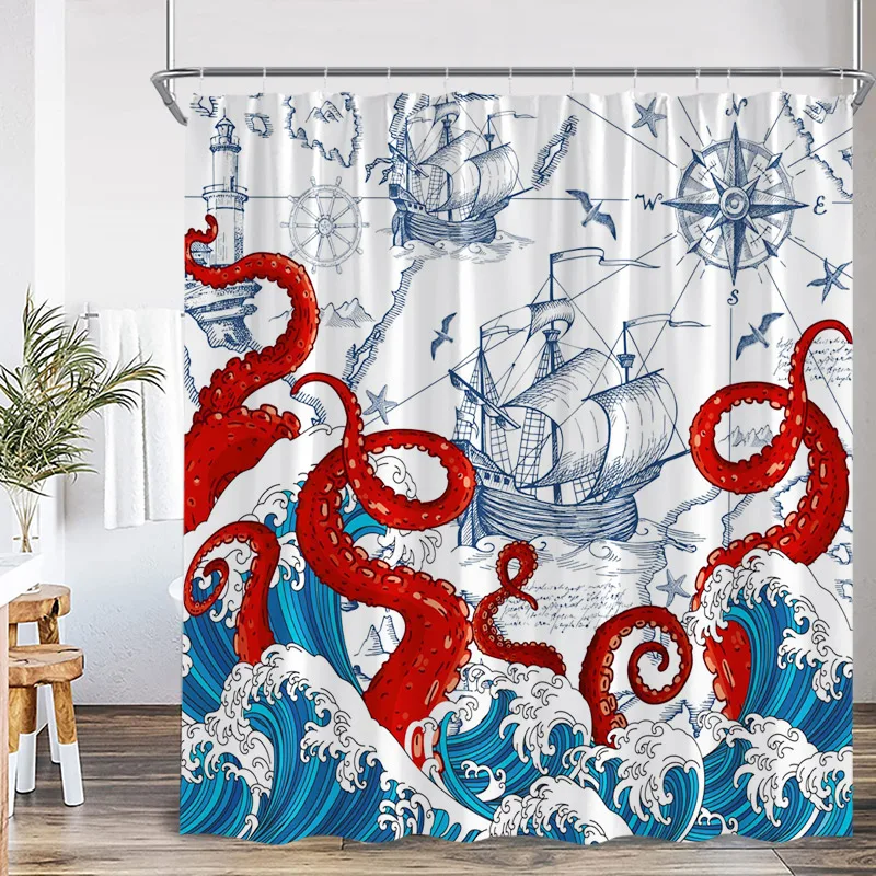 

Занавеска для душа с красным осьминогом, морскими волнами, парусником и маяком, морские занавески для ванной из полиэстеровой ткани, декор для ванной комнаты с крючками