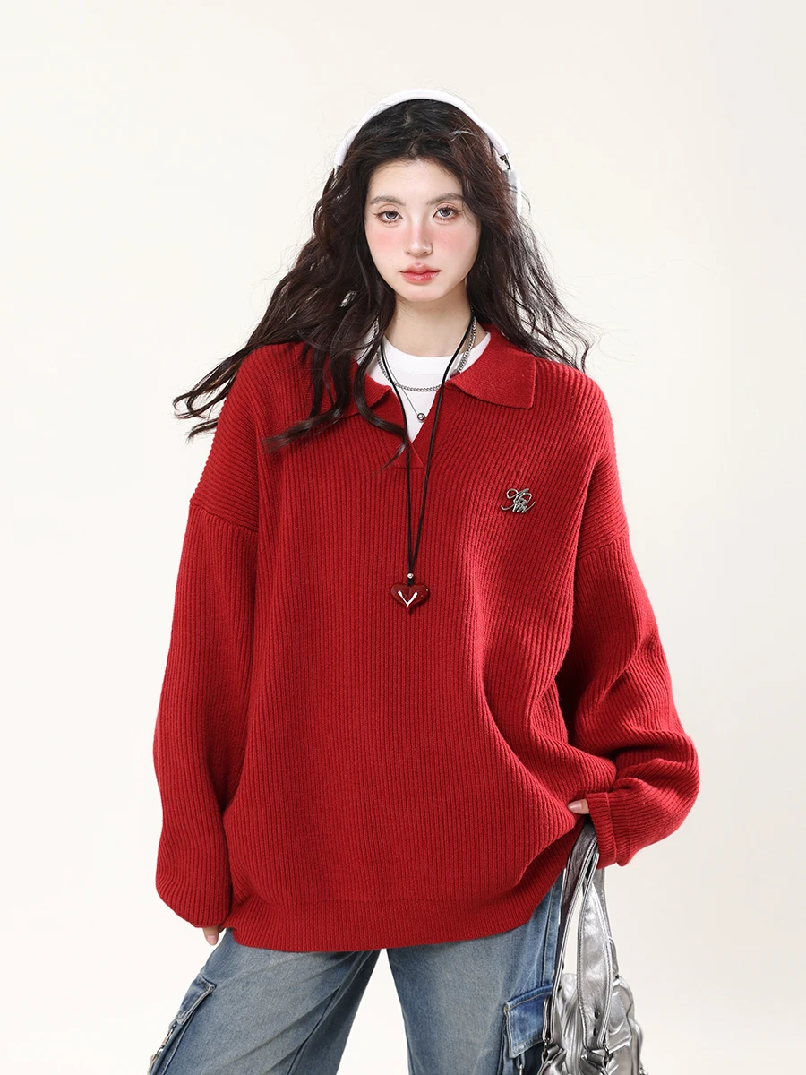

Loose Knitted V-Ne Collar Sweatirt Women's Autumn Winter Faion Lazy Sle Long Sve T-irt Pure Color Casual Wear