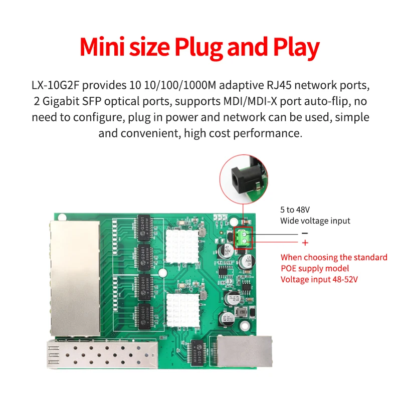 12-port full gigabit switch module, 8-port standard POE power supply, two SFP optical ports dedicated to smart street lamp poles