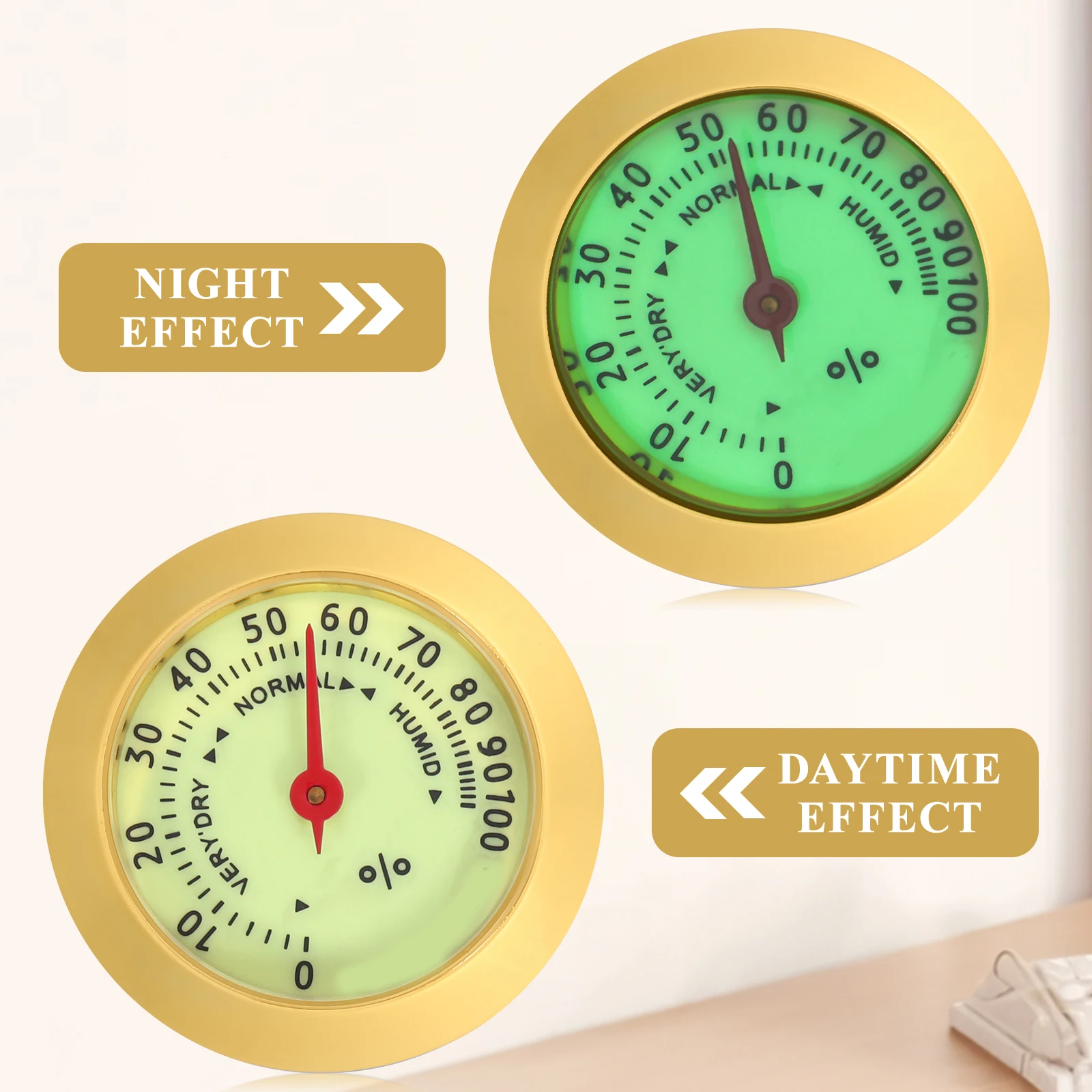 Kleines analoges Hygrometer, mechanisches rundes Feuchtigkeitsmessgerät für Zigarrenschachtel, Humidor-Aufbewahrung, Gitarrenkoffer, Heimgebrauch