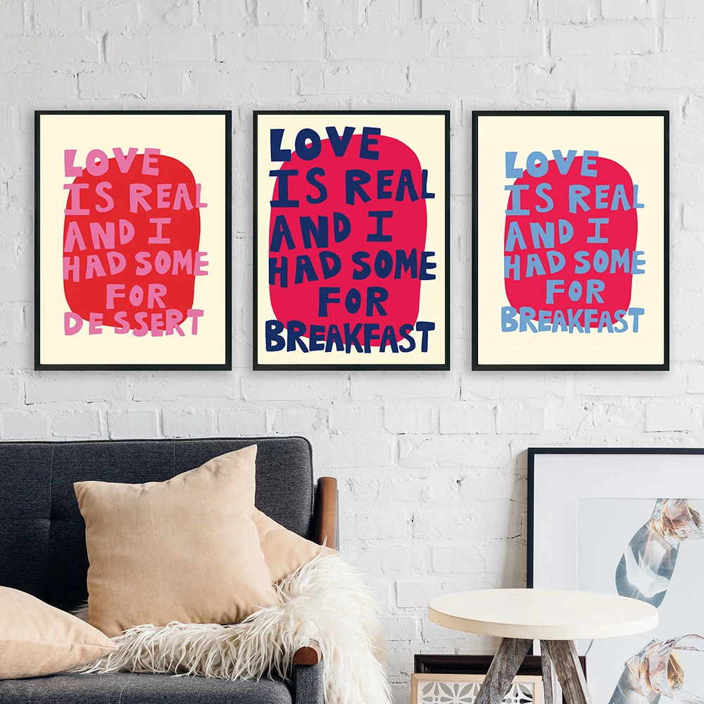 Funky Eclectic Pink Colorful 'Love is Real' Quote Posters Maximalist Wall Art Prints Canvas Painting For Living Room Home Decor