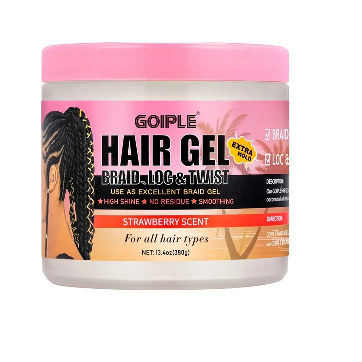 GOIPLE 380g Strawberry Scent Hair Styling Gel High Shine Smooth Braid Twist Strong Hold Long Lasting Non-Flaking