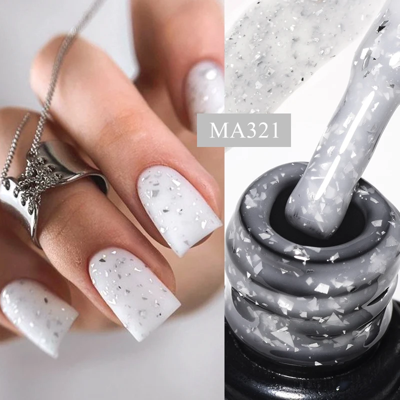 MEET ACROSS 7ml Milk White Rubber Base Gel Silver Gold Pink Foils Glitter Semi-Permanent Nail Art Gel Varnish For Nails Manicure