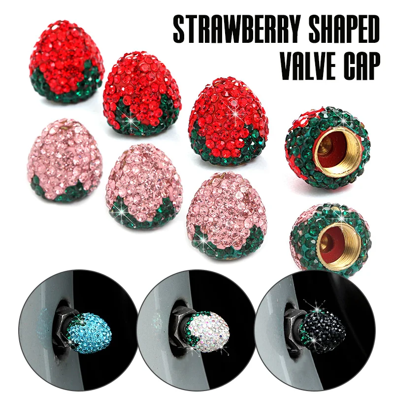 4Pcs Creative Strawberry Crystal Car Tire Valve Caps Diamond Dust-proof Wheel Caps Bling Car Charms Decor Auto Accessories Gift