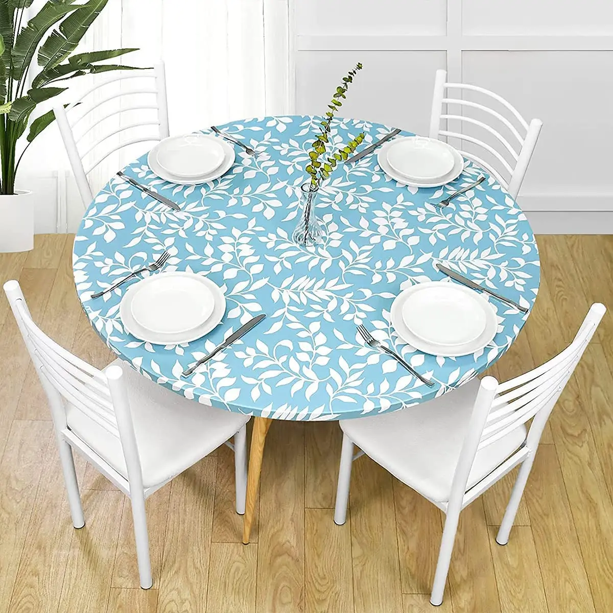 Fitted Round Plastic Vinyl Table Cloth Flannel Backing Elastic Edge Waterproof Table Protector for Dining Room Table Cover