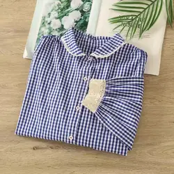 2026 Mori girl style Japanese fashion casual white blue checkered shirts and blouses pure cotton original women's plaid shirts