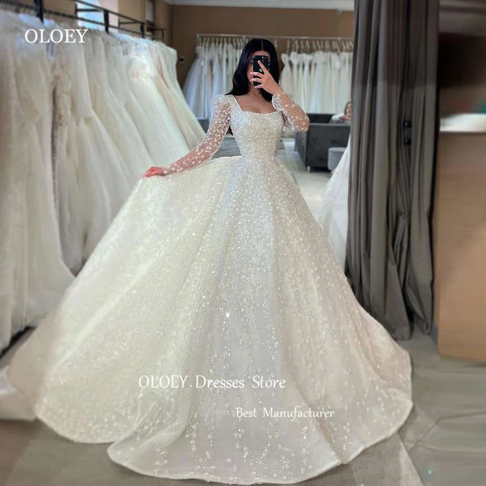 OLOEY Shiny Lace A Line Weddding Dresses Long Sleeves Glitter Square Neck Bridal Gowns Floor Length Robe de mariage 2024