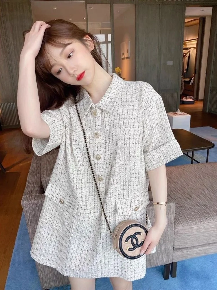 

plus Size Collar Dr Women Summer Loose Meat Covering High End Feeling irt Dr Korean Sle A-Line ort Sve