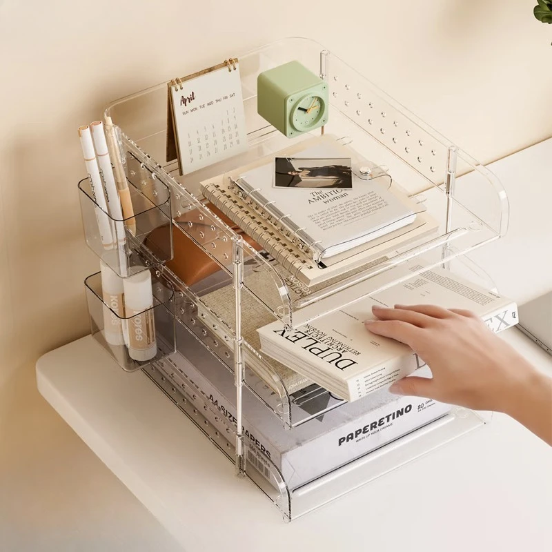 Desktop Pegboard File Organizer Rack, Adjustable Space-Saving Multi-Tier Shelf for Office Desk, A4 Document & Book Storage Box