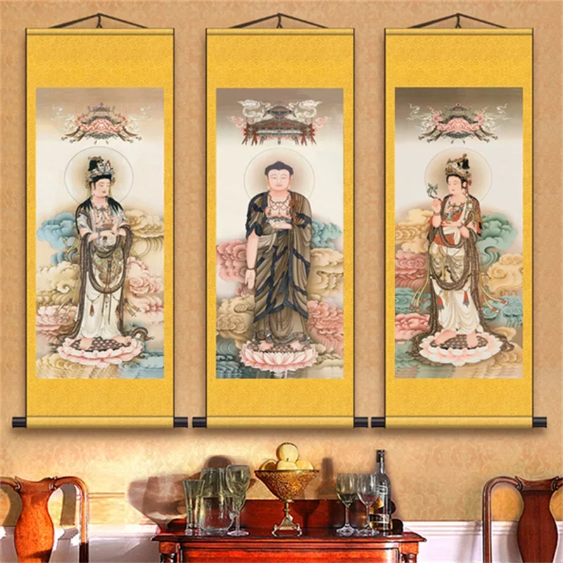 Three Saints' Portrait Hanging Painting Amitabha Buddha Connecting Drawing Scroll Painting HD Buddhist Hall Silk Buddha Posters