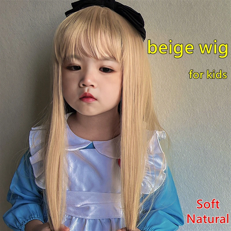 Kids Wigs Light Gold Hood for Girl Child Beige Hair Accessories Baby Yellow Headdress Teenage Headwear Reborn Doll Headgear 45cm