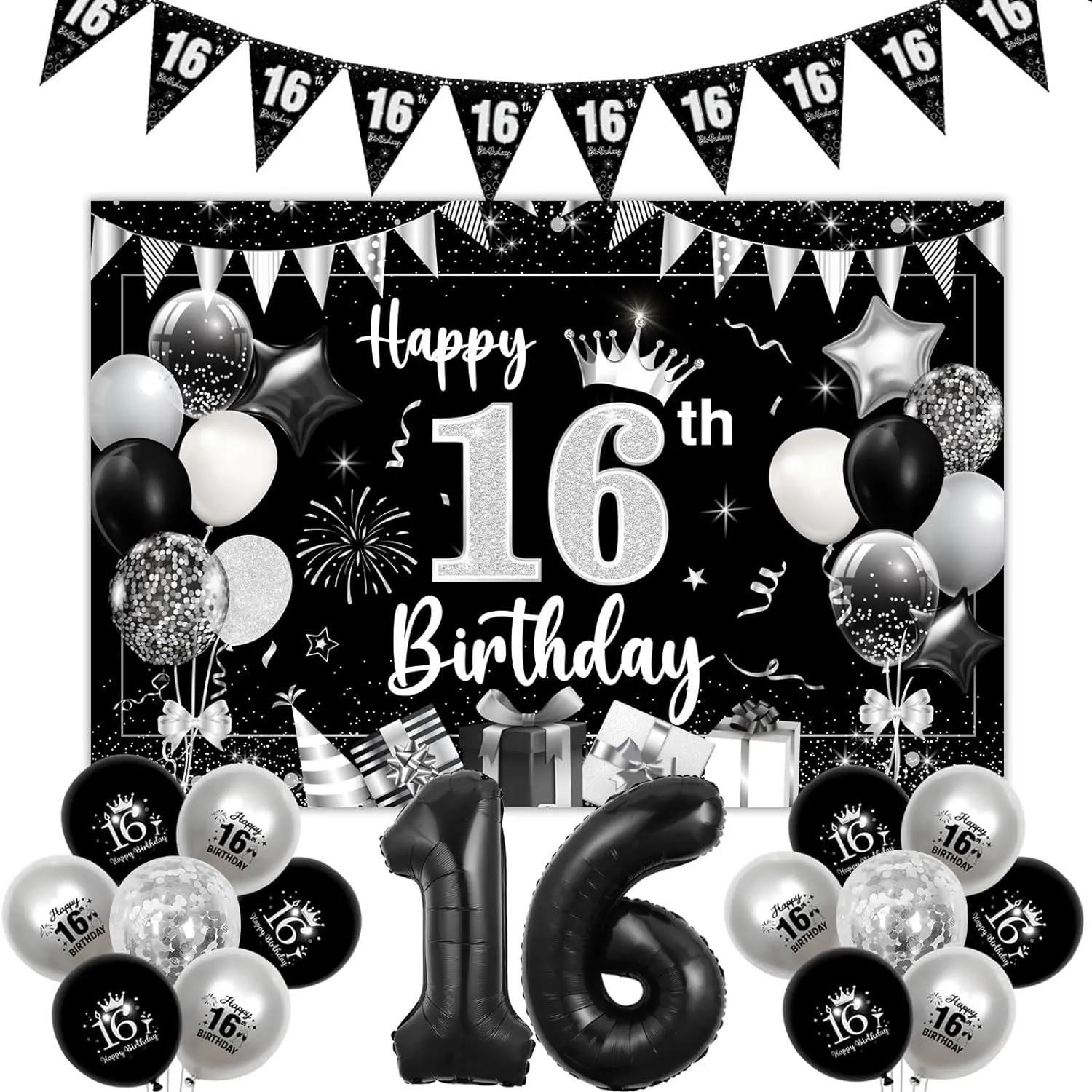 16th 18th 30th 40th Birthday Decor Happy Birthday Backdrop Banner Bunting Confetti Balloons for Sixteen 16 Years Birthday Party