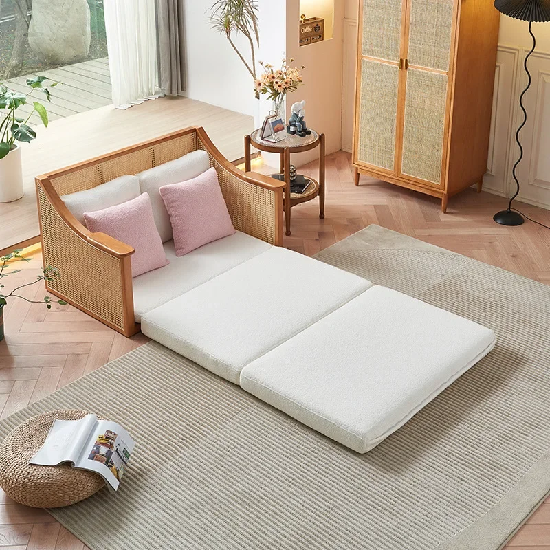 Japanese-style solid wood sofa bed wabi-sabi family living room tatami sofa double folding dual-purpose rattan sof a