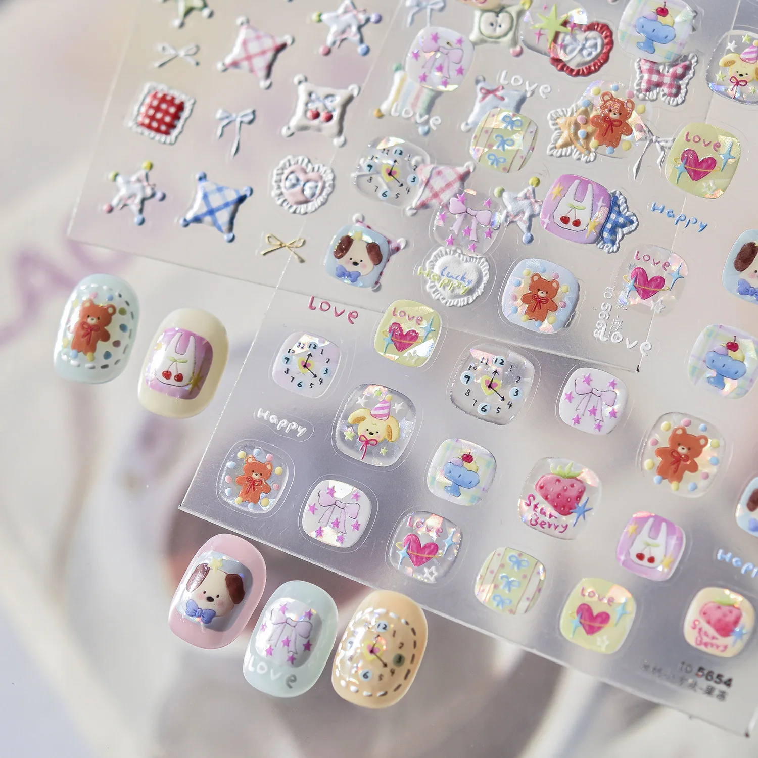5D Relief Nail Stickers Cute Cartoon Nail Art Stickers Sweet Checkered Pillows Adhesive Transfer Sliders Nail Decorations Decals