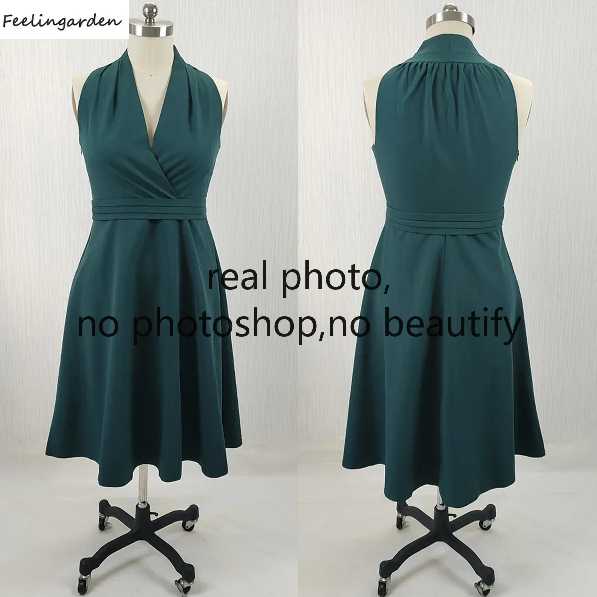 Feelingarden Customized Plus size Real PHoto Evening Dress Green V-neck Sleeveless A-line Tea-length Women Party FOrmal Gowns