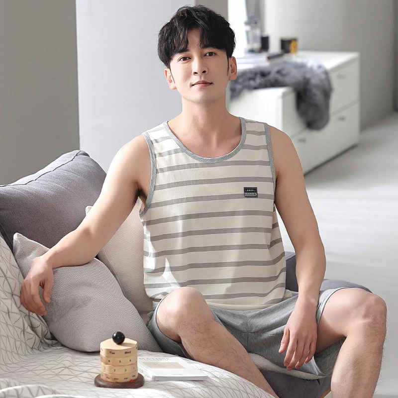 Big Yards 5XL Male Vest Pajamas Set Summer Shorts Pullover Fashion Modal Sleepwear Striped Print Man's Two Pieces Men Nightwear