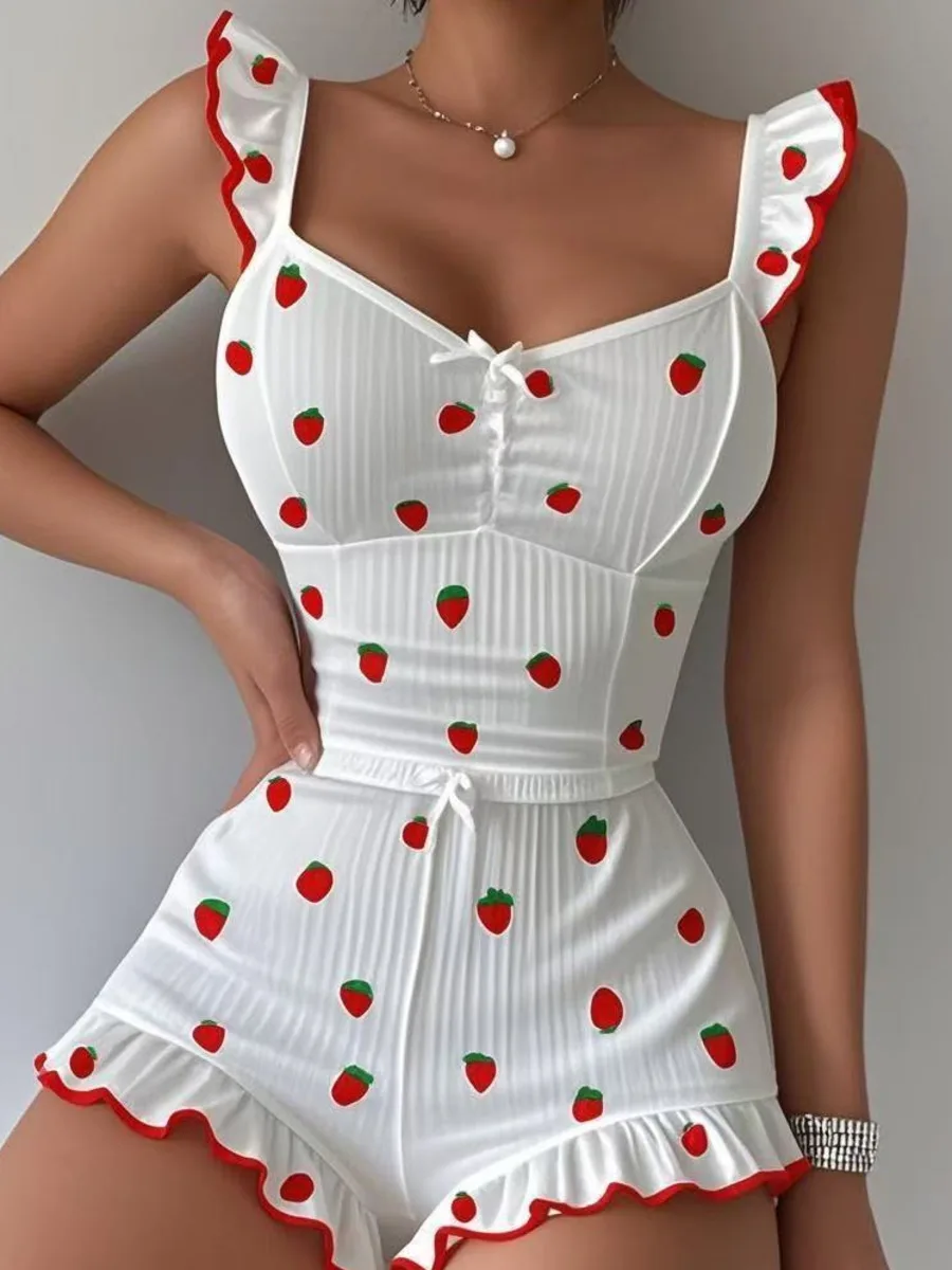 

Новые сексуальные шорты с рюшами на бретельках, элегантные комплекты с сердечным принтом, повседневная домашняя одежда, комплекты из двух предметов с бантом, стиль Pure Desire 65MD