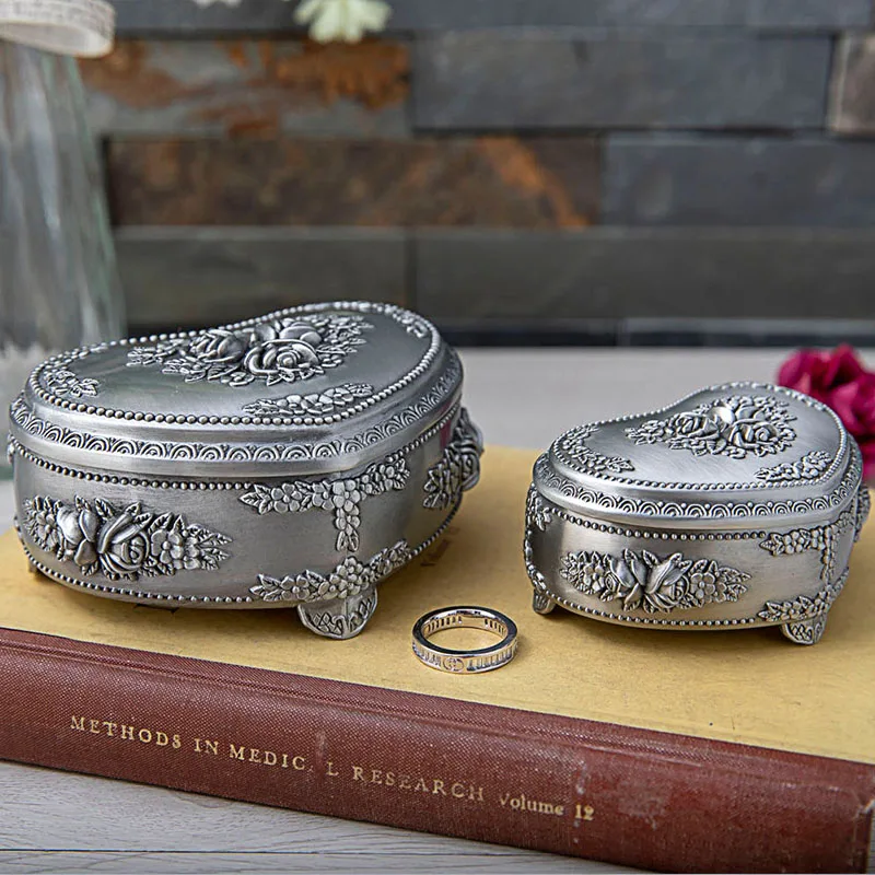 Vintage Metal Heart Shaped Ring Earring Box Creative European Rose Flower Jewelry Storage Case Birthday Gift Box