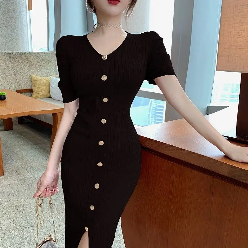 Split Cover Up Female Dress Bodycon Womens Dresses Sexy Daring 2024 Clothing Knitted Crochet Midi Knee Length V Neck Outfits Y2k