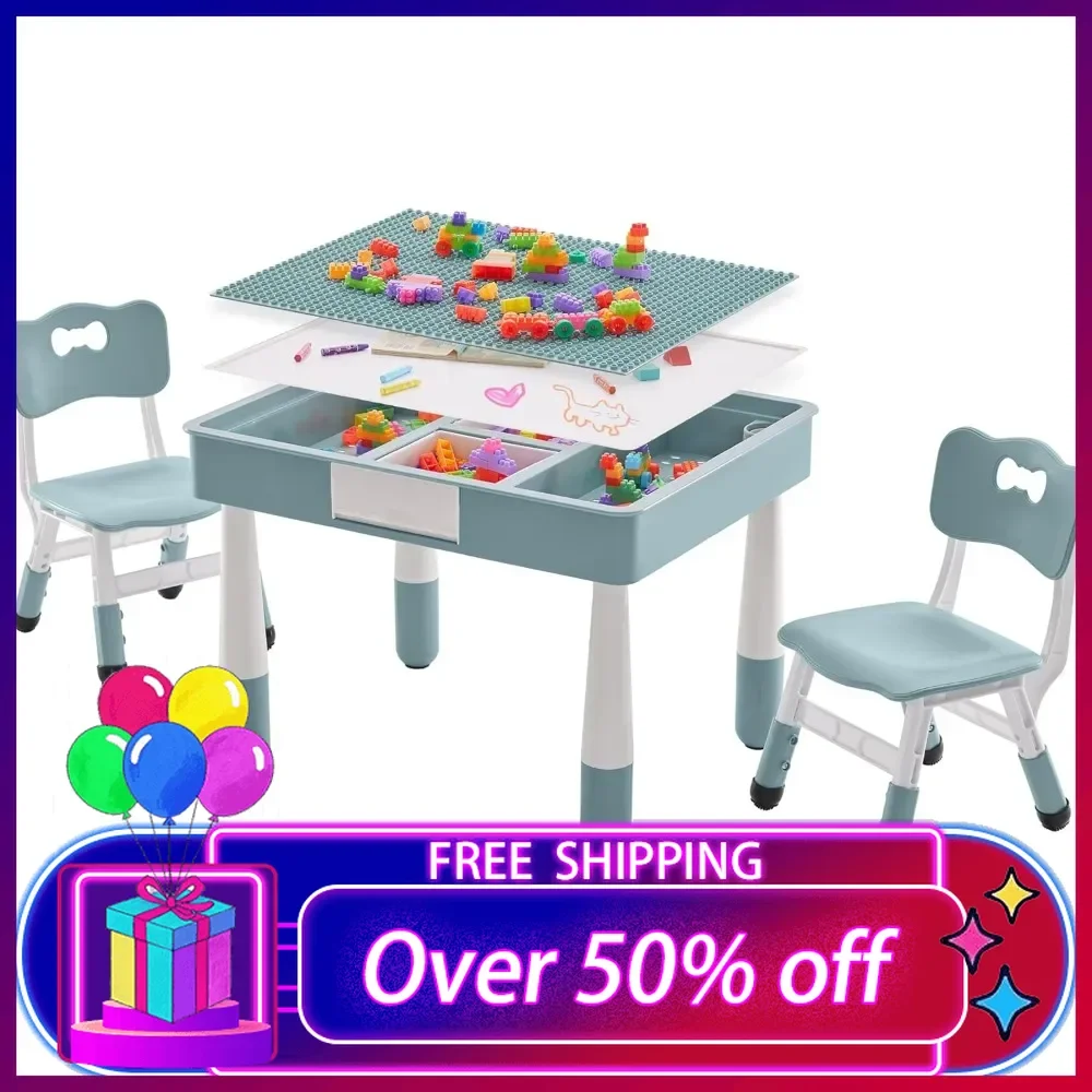 

4 in 1 Kids Table and 2 Chairs Set,Toddler Table and Chair Set for Kids Ages 3-10,Graffiti&Building Blocks Double-Sided Tabletop