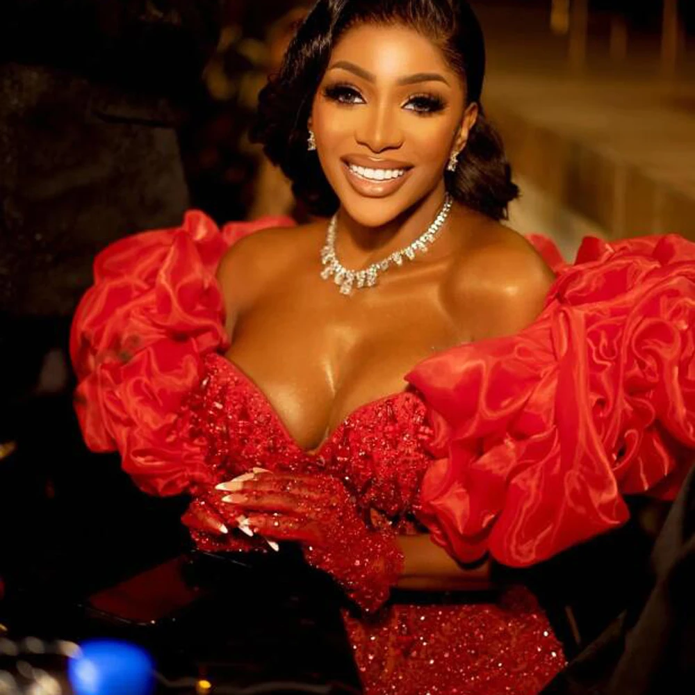Red Sequined Jumpsuits Sweetheart Off Shoulder Beads Sexy Evening Party Dress Black Girls African Women Wedding Reception Gown