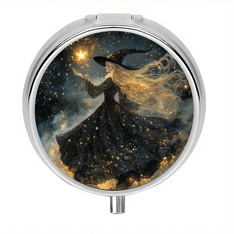 1 mini pill box with 3 compartments, starry night witch theme, mini pill container, pill organizer, unique gift for Halloween or Christmas