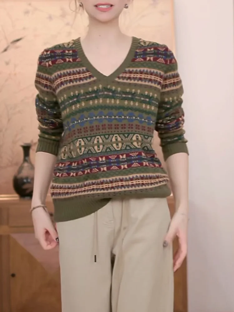 

Faionable Knitted Sweater V-Ne plus Size Embroidered Slimming Women's Top Korean Sle Long Sve Warm Thermal Woolen Sw...