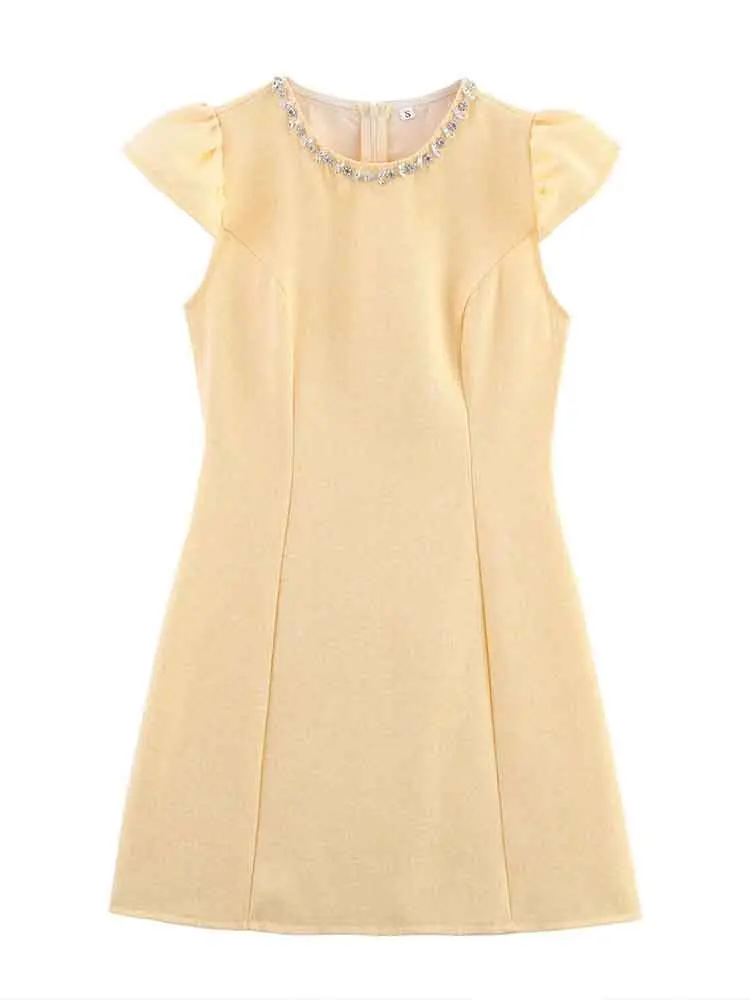 

European style new women's fashion versatile simple solid color heavy nail diamond small flying sleeve slim dress