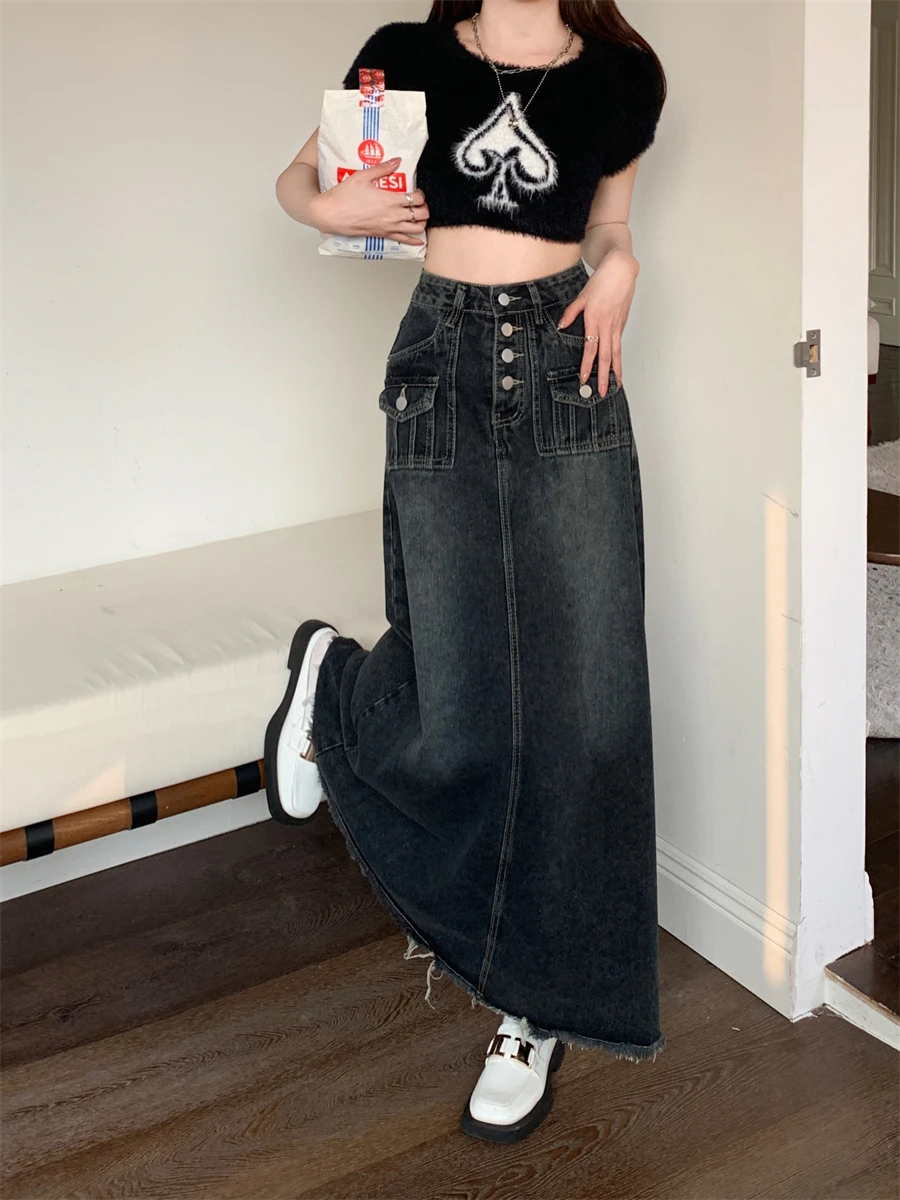 

Design Sensation plus Size Denim Skirt Women Summer Pear aped Body Mid-Length Conceal Meat Slim A-Line Skirt