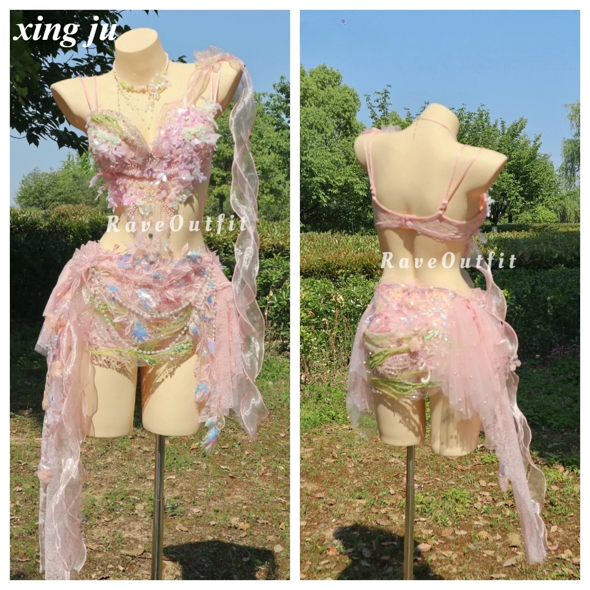 Xing Ju Damen Luxus Strass Pailletten Feenkleid Enge Shorts Quasten Tüllrock Geburtstagsparty Kostüm Sänger DJ Bühnenoutfit