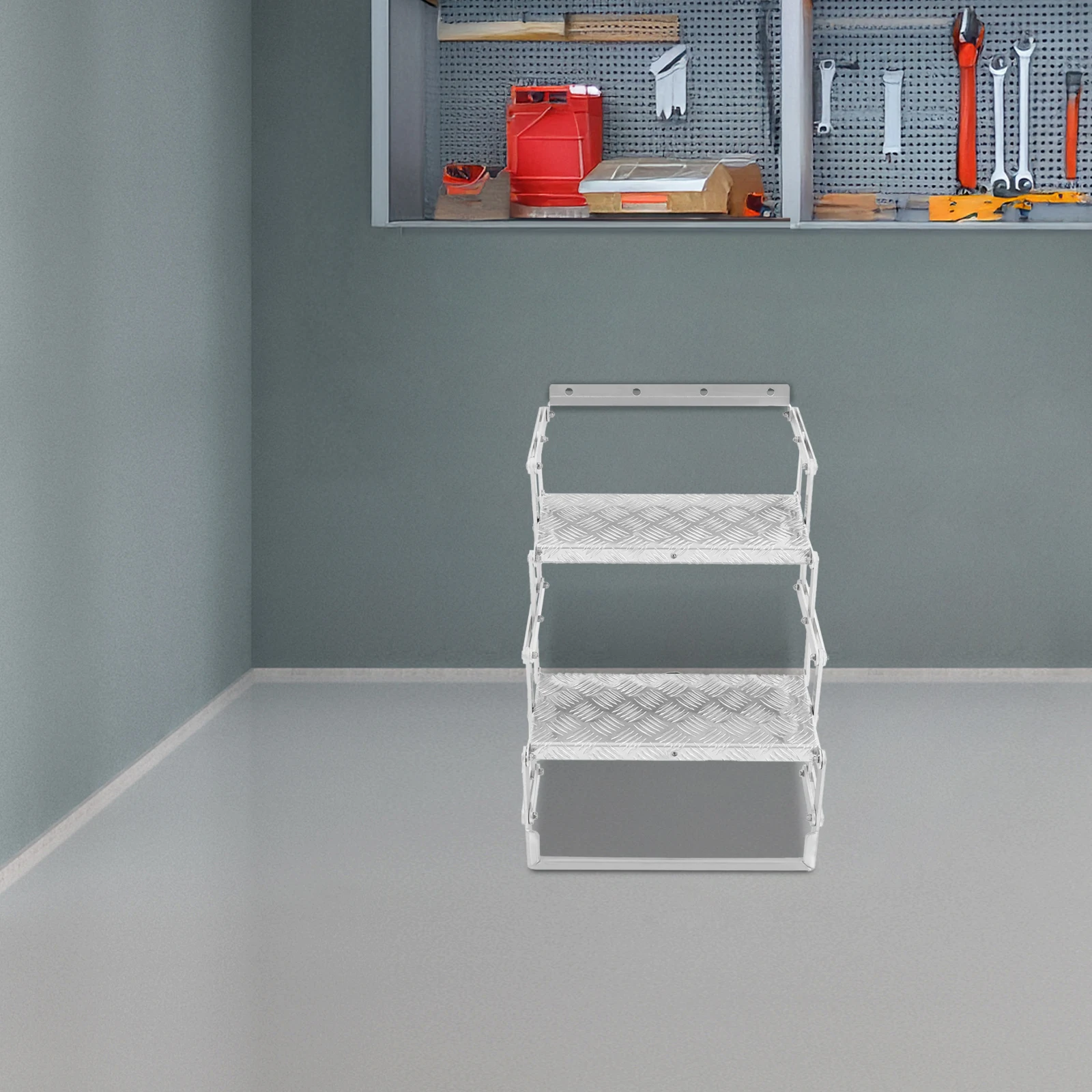 21.37x17x21.18In 2-Step Foldable Step Ladder, Aluminum Alloy+Carbon Steel(Oxidation), Silver, 242.5Lbs Load-Bearing