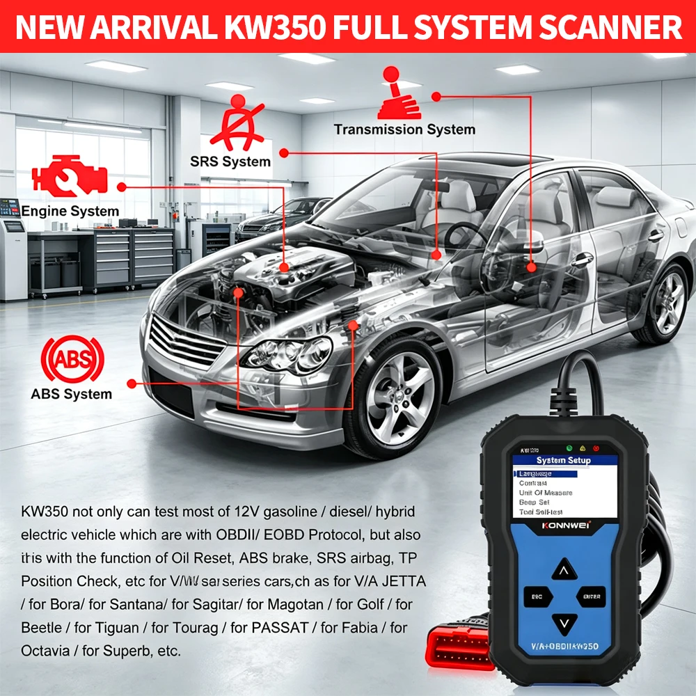KONNWEI KW350 OBD2 Scanner Full System Car Diagnostic Tool For VW/A-udi/Sk-oda EPB Oil Reset Battery Match OBD II Auto Scanner