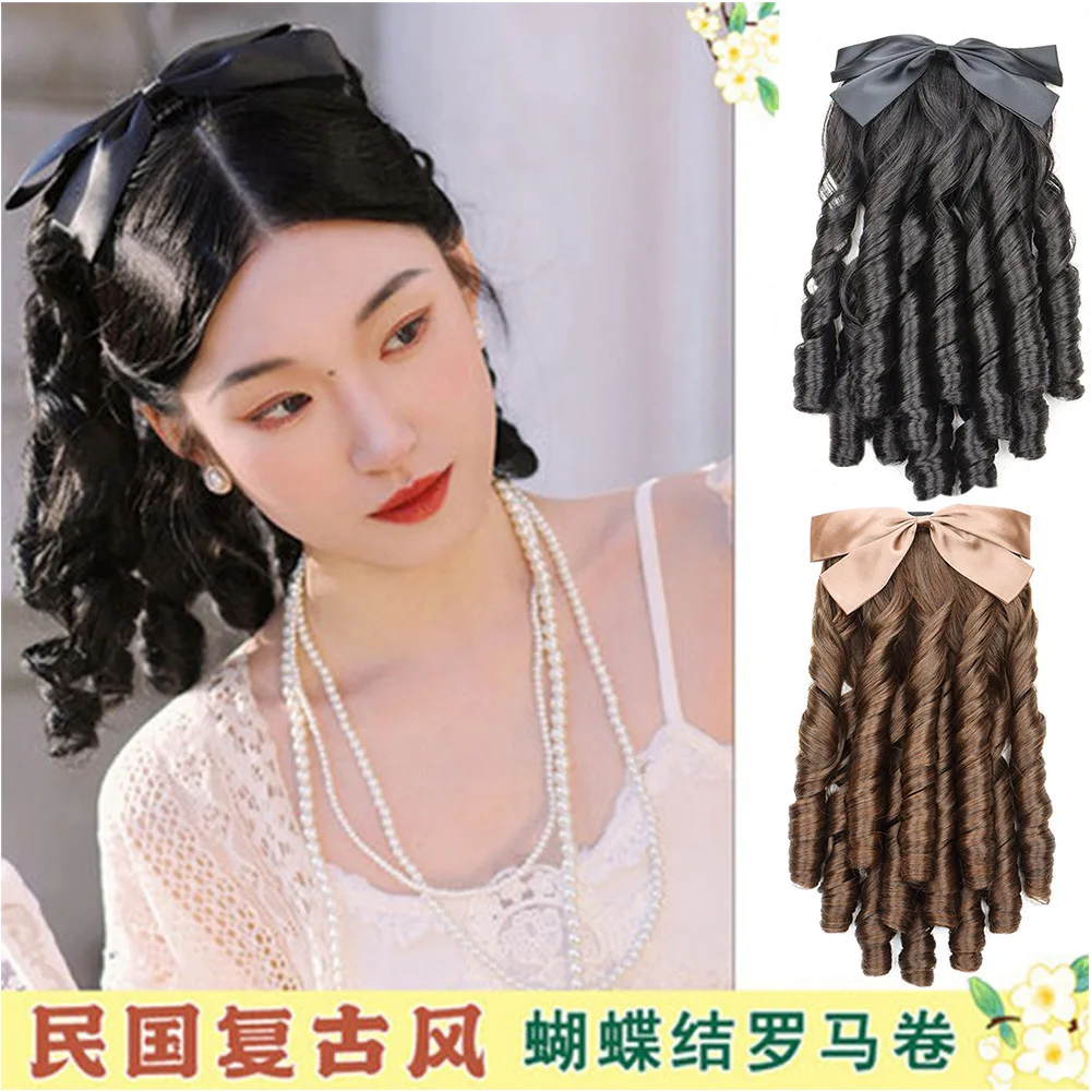 Long Curly Synthetic Wig Clip in Extension, Princess Style Roman Ponytail with Bow, Cosplay Daily Party Hairpiece, Anime Fashion