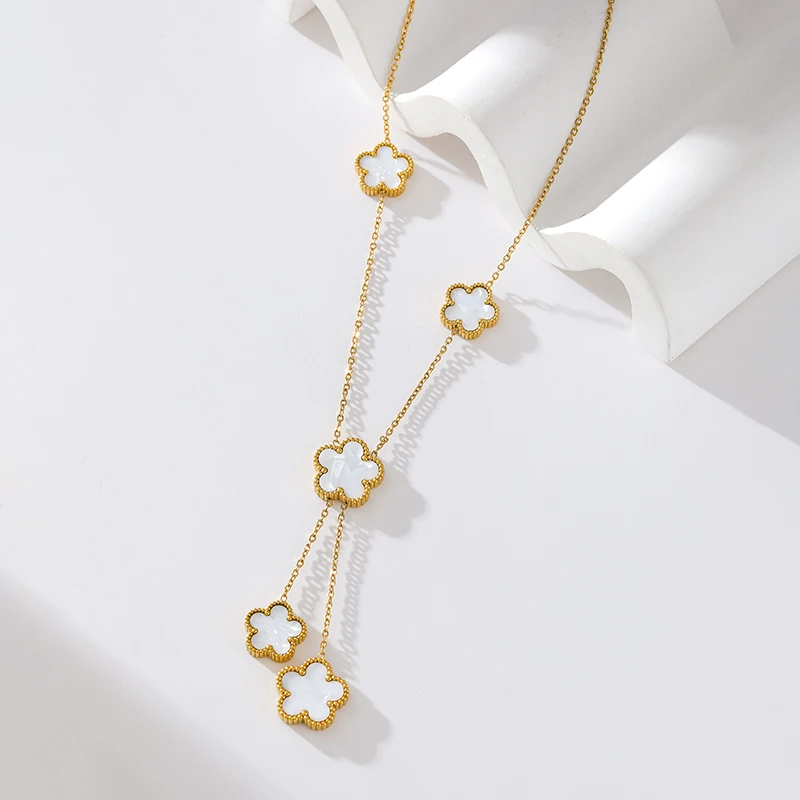 GANEMLY 316L Stainless Steel Five Leaf Clover Pendant Necklace For Women Trendy Reversible White Flower Jewelry Holiday Gifts - Image 3