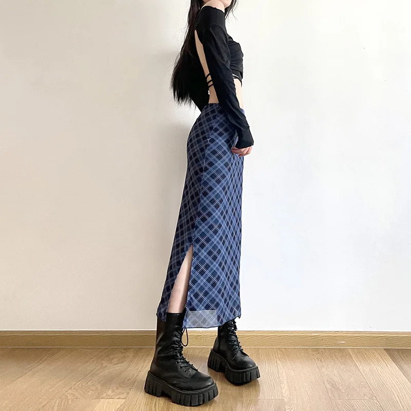 Kobiety Wiosna Jesień Plaid Print Wrap Hips Skirts Fashion Ankle-Length Sexy Slim Pencil Skirts Preppy Style Girls Slit Midiskirt