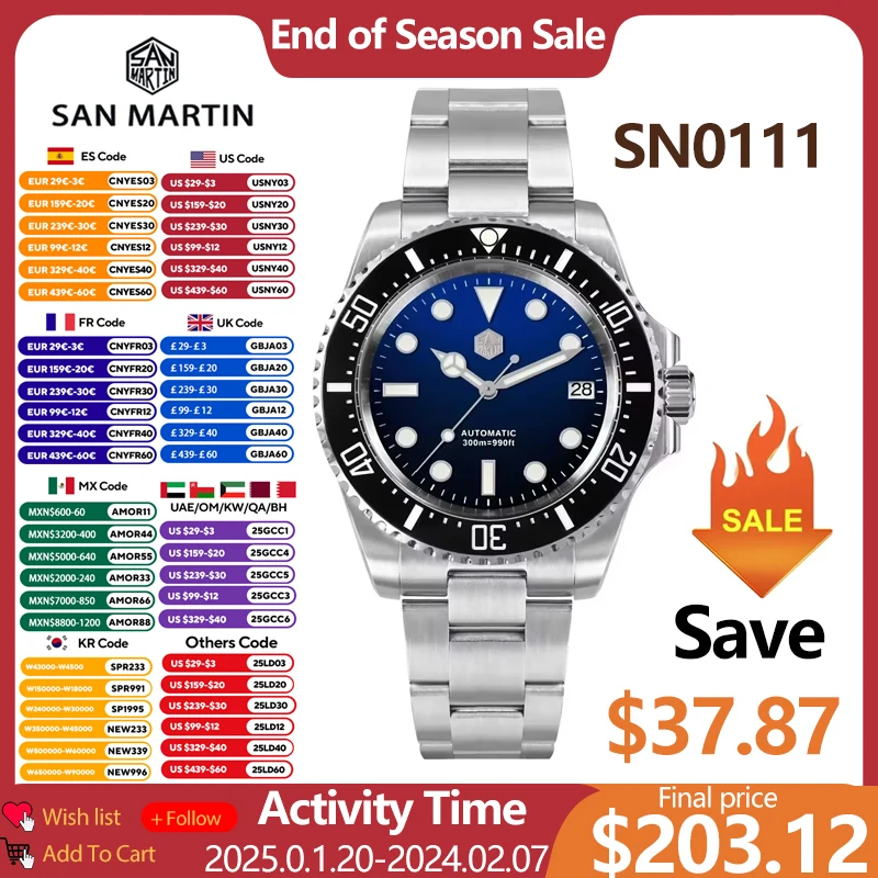 San Martin SN0111 39mm Men Dive Watch NH35 Automatic Mechanical Enamel Dial Watch Sapphire Waterproof Stainless Steel Watches