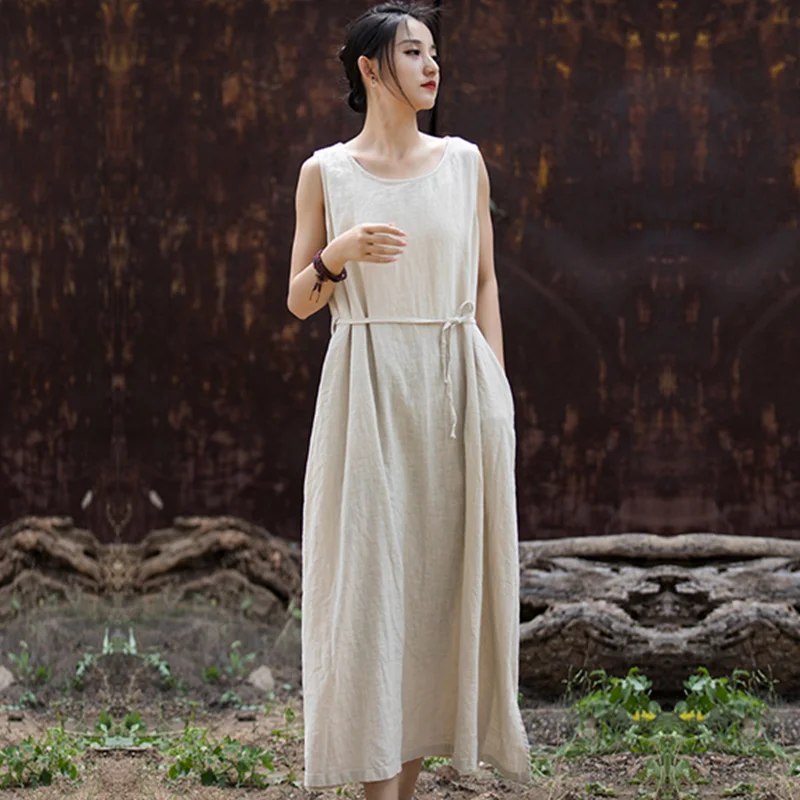 Sleeveless Dress Long-Length Literature and Art Retro Spring Summer  Cotton and Linen Loose Thin National Style