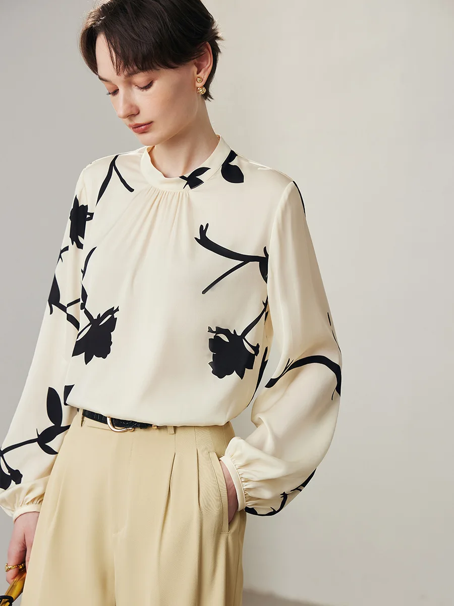 SuyaDream Women Printed Blouses, 90%Silk 10%Spandex, Stand Collar, Puff Sleeves Shirts, 2024 Spring Summer Elegant Top