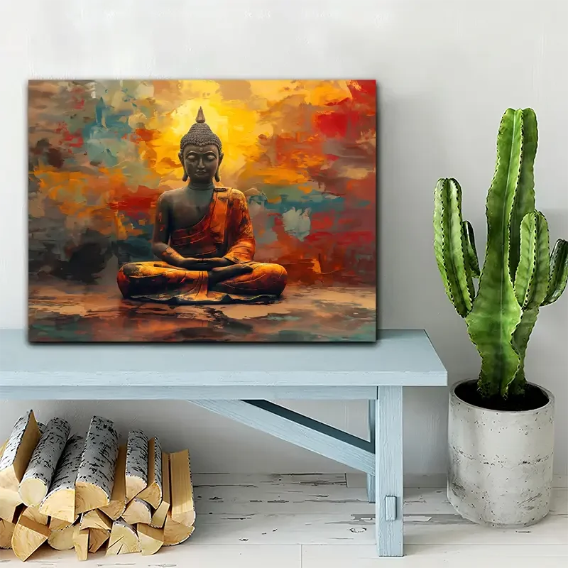 لوحة قماشية تجريدية للتأمل من Zen - لوحة فنية جدارية روحية باللون البرتقالي والأزرق المخضر مع إطار ملفوف، 12 × 16 بوصة #2