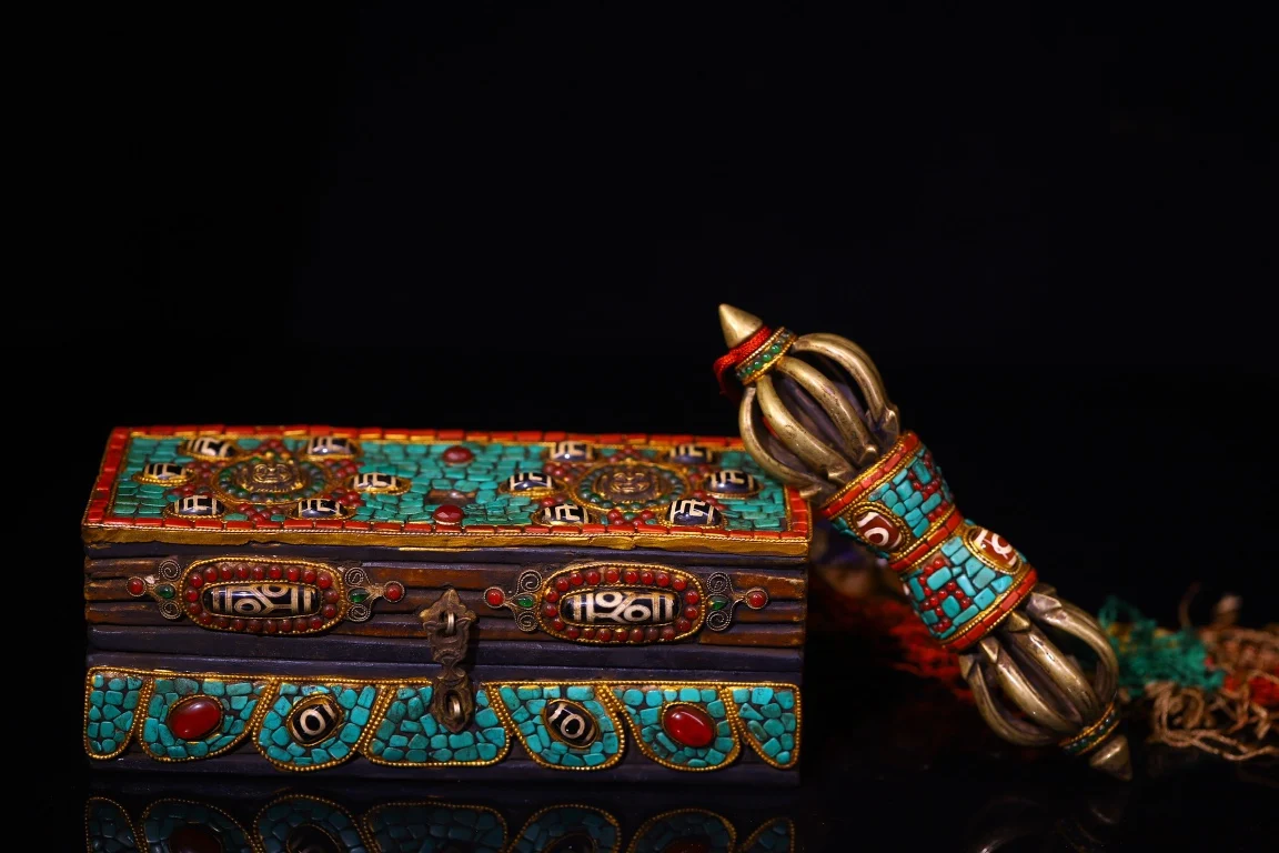 Bronze Mosaic Gem gZi Beads Turquoise Nine Shares Vajra Amulet Painted Bodhi Root Box Worship Hall Town house