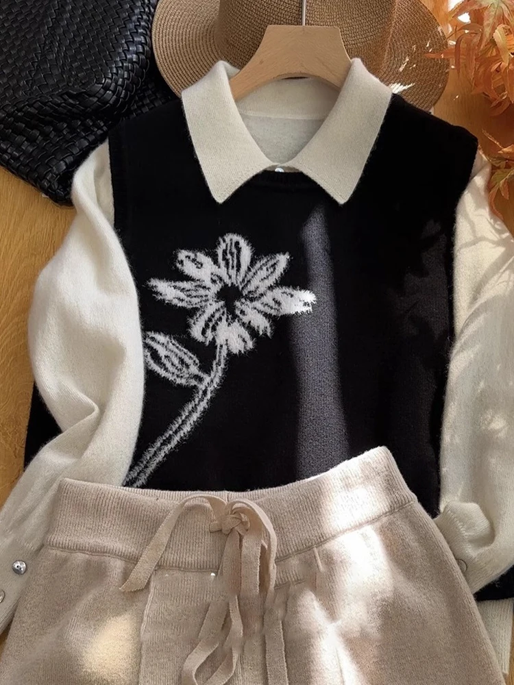 

Ele Knitted Camere Vest Svel round Ne Faionable Simple Design Autumn Winter New Sle e Flower Pattern...