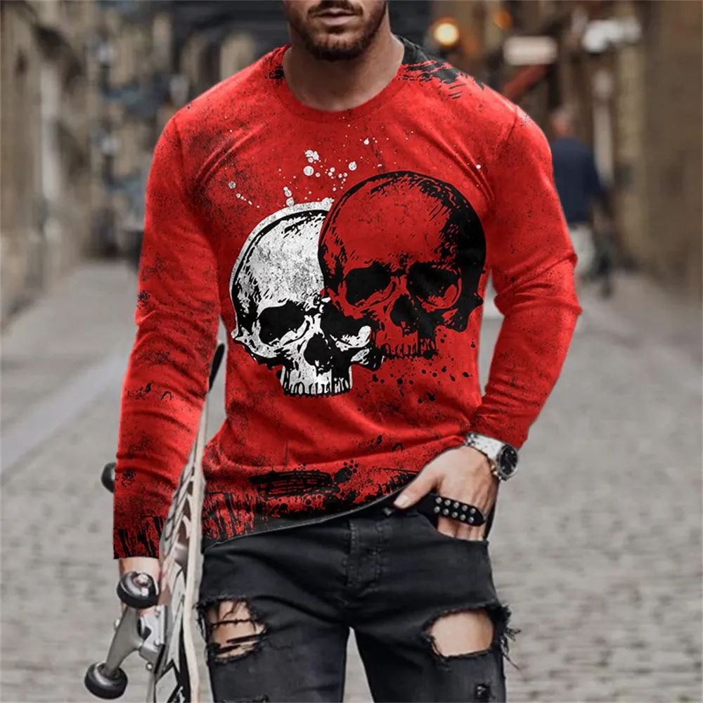 O-Neck Long Sleeve Plus Size T-shirt Men\'s Clothing Retro Men\'s Long Sleeve T-shirt 3D Printing Skull Long T-shirt Men\'s Street