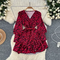 Chic V-neck Vintage Long Lantern Sleeve Elegant Print Slim Ruffles Short Dresses French Evening High Street Autumn Clothing