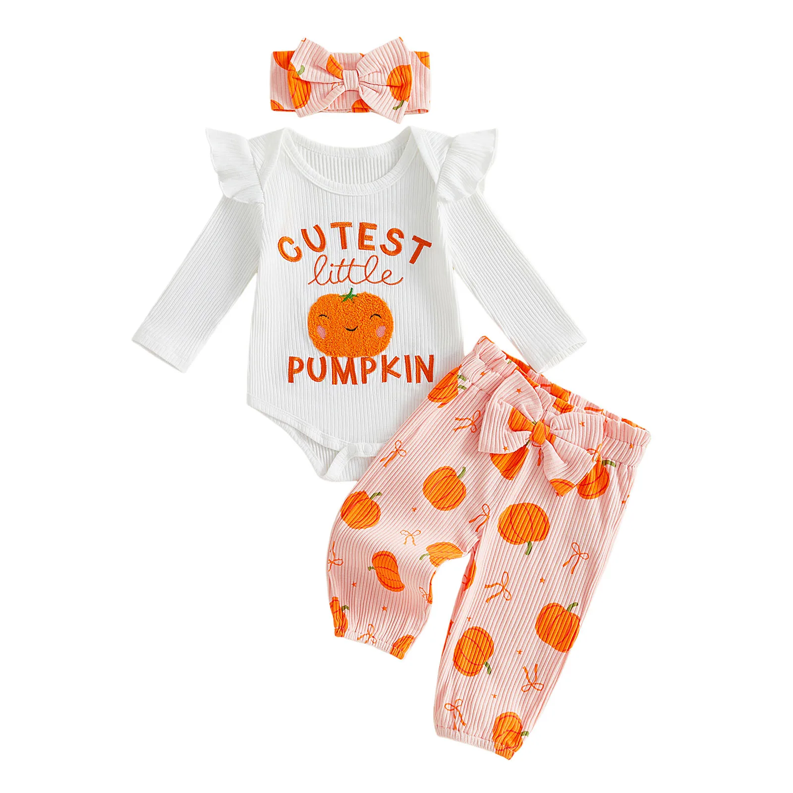 Halloween Baby Girl Outfit Long Sleeve Romper with Pumpkin Pants Headband