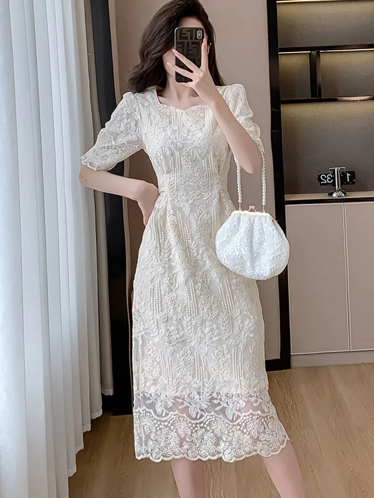 2024 Summer Elegant Flower Embroidery Dress Women Solid Color O-Neck Short Puff Sleeve Slim Waist Belt OL Party Dresses Vestidos