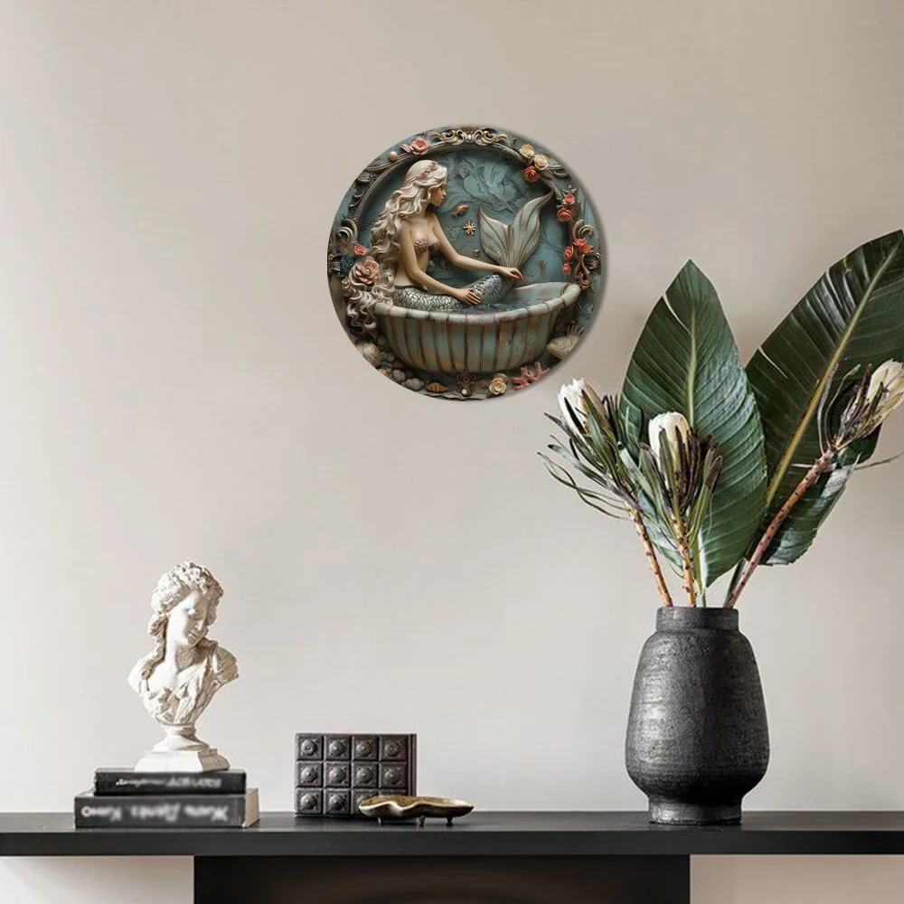 Mermaid Aluminum Wall Art Sign, Classic Style Decorative Round Flat Aluminum Sign - Waterproof Outdoor/Indoor Decoration